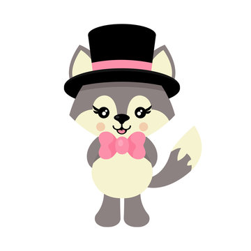 cartoon cute wolf with tie in hat vector