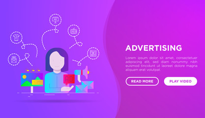 Advertising web page template: woman gives ad on billboard, email and social media. Flat gradient icons. Vector illustration.