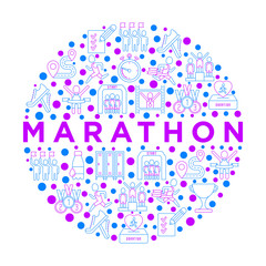 Marathon concept in circle with thin line icons: runner, start, finish, running shoes, bottle of water, route, award, changing room, memory photo, donation, fan zone. Vector illustration.