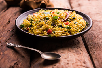 Spicy semiya uppma or upma served in plate. selective focus