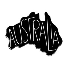 Australia. Typographic poster with hand drawn lettering. Map of Australian island isolated on white background. Australian Day celebration.