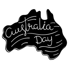 Australia Day celebration. Typographic poster with hand-drawn lettering. Map of Australian island isolated on white background.