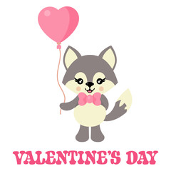 Obraz premium cartoon cute wolf and lovely balloon vector and valentines text