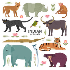 Indian animals. Vector illustration of wildlife of India, including birds,  plants and animals, such as Panther, Bengal Tiger, Jackal, Asian Elephant, Sloth Bear and Macaque. Isolated on white.