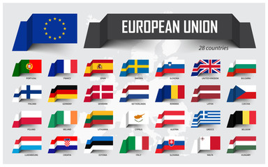 European Union . EU and membership . Association of 28 countries . Floating paper flag design on Europe map background . Vector