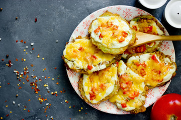 Zucchini fritters with sour cream, tomatoes and cheese