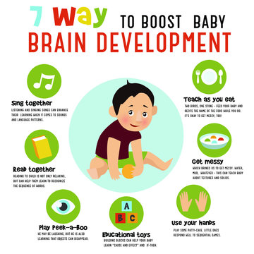 7 Way To Boost Baby Brain Development.  Vector Illustration.