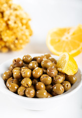 Green olives on white background. Green olives from Antakya, Turkey.