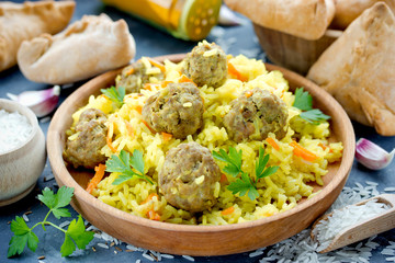 Gelak palav -  basmati rice pilaf with meatballs, kofta pilau