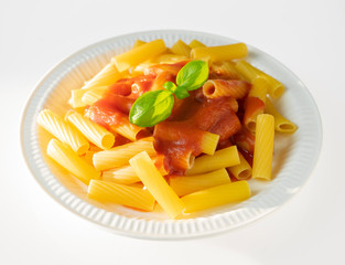 dish with macaroni and tomato sauce