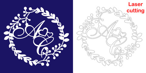 Wedding monogram for laser cutting. A C initials of the wedding decorative logo in a floral frame. The perfect gift for your wedding day.