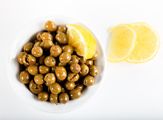 Green olives on white background. Green olives from Antakya, Turkey.