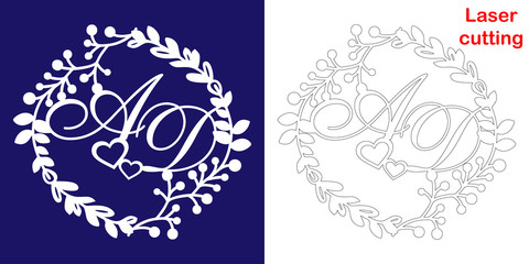 Fototapeta premium Wedding monogram for laser cutting. A D initials of the wedding decorative logo in a floral frame. The perfect gift for your wedding day.