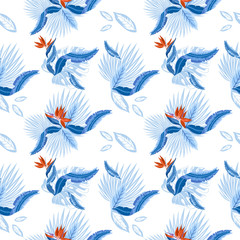 Fototapeta premium Vector seamless pattern of tropical palm leaves, monstera leaves and coral flowers of the bird of paradise (Strelitzia) plumeria. Wallpaper trend design.