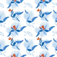 Raamstickers Vlinders Vector  seamless pattern of tropical  palm leaves, monstera  leaves  and coral flowers of the bird of paradise (Strelitzia) plumeria. Wallpaper trend design.