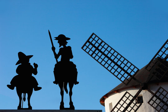 Symbols of Don Quixote and Sancho Panza legend in a spanish street of Castilla district
