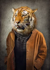 Fotobehang Hipster dieren Tijger in kleding. Man met een kop van een tijger. Concept afbeelding in vintage stijl met zachte olieverfstijl.