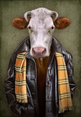 Fotobehang Koe in kleding. Man met een kop van een koe. Concept afbeelding in vintage stijl met zachte olieverfstijl. © cranach