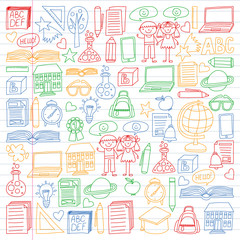 Vector set of secondary school icons in doodle style. Painted, colorful, pictures on a piece of linear paper on white background.
