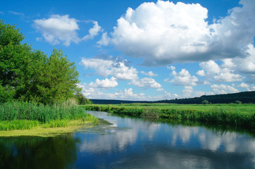 Fototapeta na wymiar river, land with trees and cloudy sky