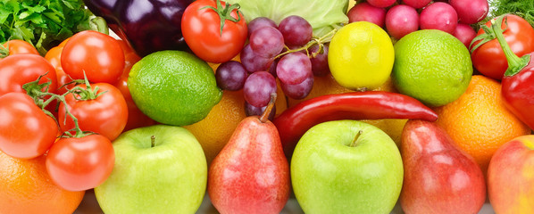 Background of fresh fruits and vegetables .