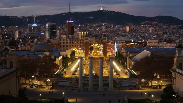 Barcelona night Placa De Espana, Square Of Spain, time lapse. Barcelona, Spain.