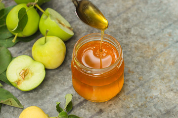 Honey fresh and apples  (sweet and juicy). Top view. copy space