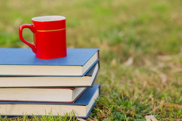 Cup of coffee with pile of closed books outside.