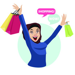 Happy shopper. Woman  wearing hijab Muslim. Traditional clothes The girl holds packages. Big Sale. Sales. Funny cartoon character. Vector illustration of a flat design