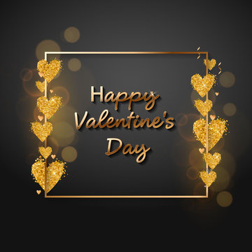 Valentines Day Sale Gold Text In Frame On Advertising Poster Announcement With Golden Heart Balloons On Black Background. Vector Illustration