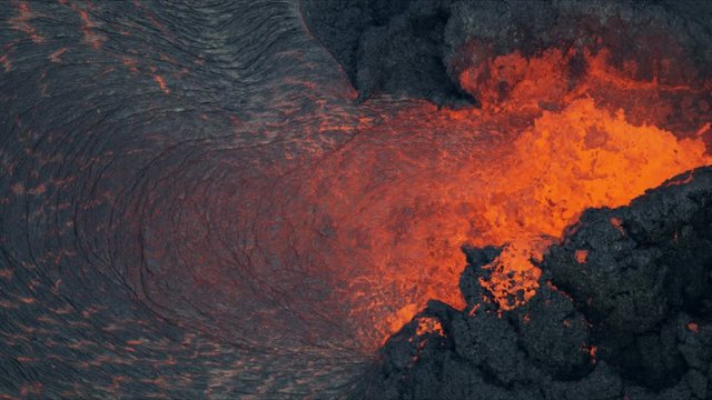 Aerial view of powerful volcano red hot magma 