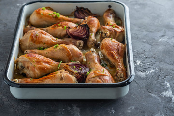 Fried chicken legs on black background , copy space.