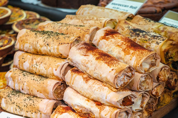 Curry rolls on display at Broadway market in Hackney, East London