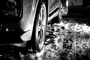 Moscow, Russia - January 2019 - Hyundai brand sports rim and tires Kumho on the stand, winter time,...