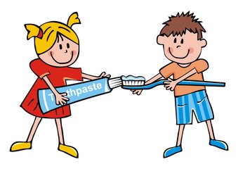 Little girl and boy, toothpaste and toothbrush, vector illustration. Happy kids with toothpaste and toothbrush. Cute ilustration for Health Advertising.	