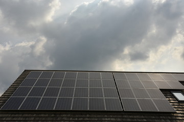 Solar panel cells on the roof of a new house
