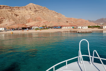 Sinai mountains and picturesque landscapes of the red sea in Egypt. Boat trip on the red sea
