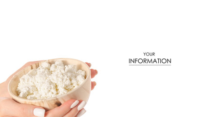 Bowl of cottage cheese in hand pattern on white background isolation