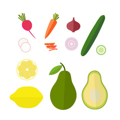 Healthy fresh food in flat style. Set of whole and sliced fruits and vegetables top view isolated on white background. Radish, carrot, onion, cucumber, lemon, avocado.