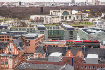 BERLIN, GERMANY - January 05, 2019, Government District with Federal Chancellery and Swiss Embassy, government buildings and part of Charité University  - aerial view 