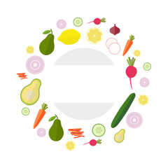 Frame from set of vegetables and fruits top view in flat style. Helthy icon food. Whole and cut cliced radish, carrot, onion, cucumber, lemon, avocado isolated on white background. 