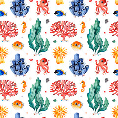 Underwater creatures.Watercolor seamless pattern with multicolored corals,seashells,seaweeds and fish,seahorse and more.Perfect for wallpaper,print,packaging,invitations,packaging,cover design,travel.