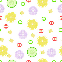 Seamless pattern with lemon, onion rings, cubes of avocado and round slices cucumbers and chilli pepper on white.  Endless texture with healthy food. Vegetable design in flat style.Vector illustration