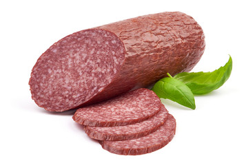 Salami Smoked Sausage with slices, close-up, isolated on a white background