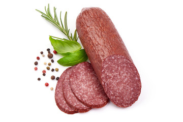 Beef Salami Sausage, top view, isolated on a white background