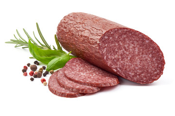 Smoked Salami Sausage, close-up, isolated on a white background