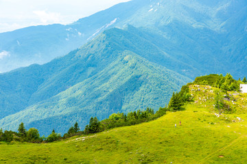 Slovenia mountains near the Kamnik city on Velika Planina pasture land. View of mountains with white clouds and blue sky, mist in the hill. Beautiful and tranquil nature, fresh grass