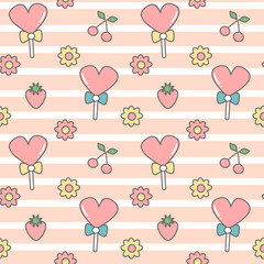 cute lovely seamless vector pattern background illustration with heart lollipops, daisy flowers, cherries and strawberries