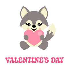 cartoon cute wolf sitting with heart vector and valentines text