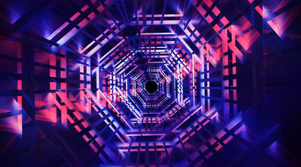 Light tunnel, metal construction, lights. Abstract neon background, blue and pink color. 3D Rendering